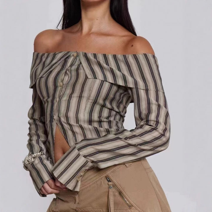 Dame Off-Shoulder stribet bluse med knapdetaljer Stilla