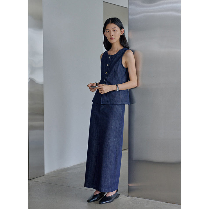 Dame Midikjole lavet af højkvalitets denim med høj talje og elegant trompetlook Stilla