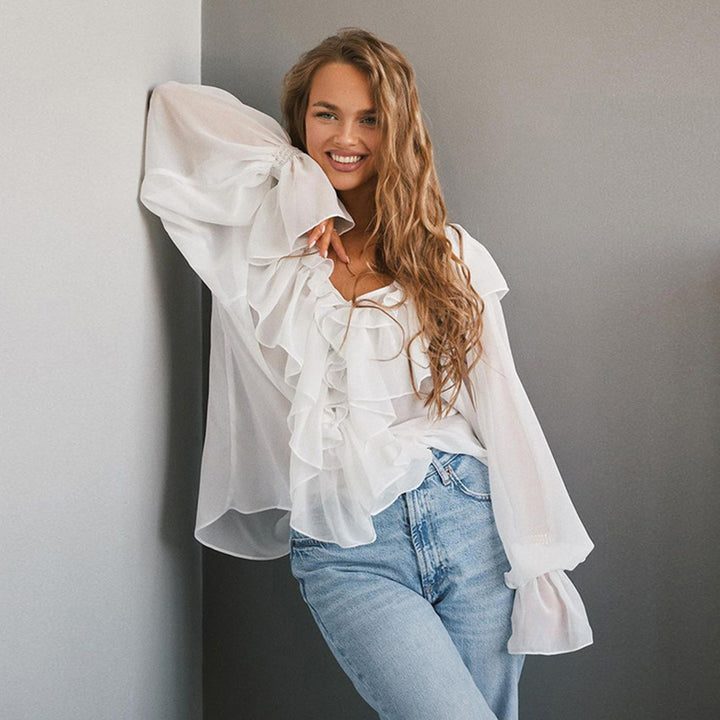 Dame rynket bluse med voluminøse ærmer og eksquisite detaljer Stilla