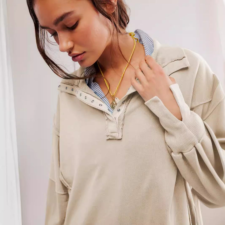 Dame afslappet sweater med trendy krave og knapstand Stilla