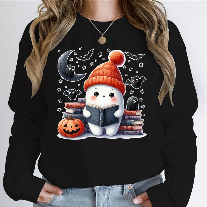 Kvinders sweatshirt med sødt Halloween-motiv og bogdesign Stilla