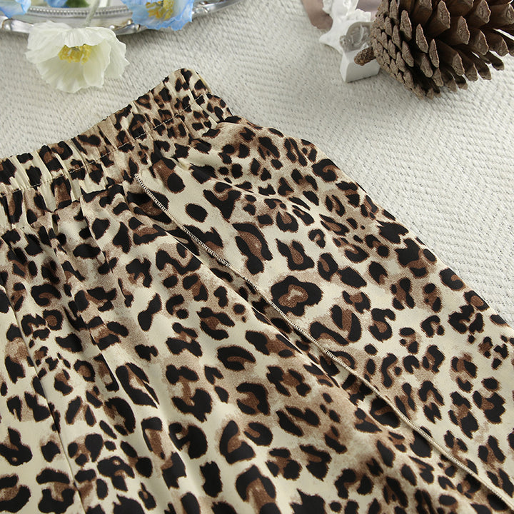 Dame leopardprint crop-top og nederdel sæt med flæser Stilla