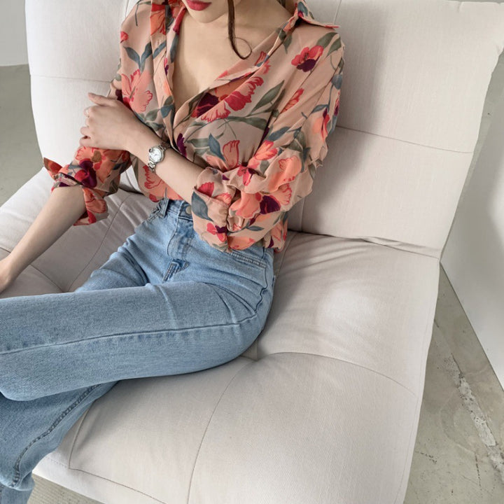 Dame Chiffon Floral Print Button-Up Bluse Stilla