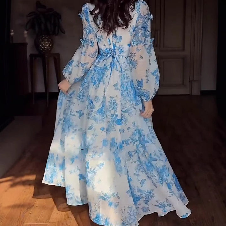 Dame Maxikjole med blomstret spidsmønster og voluminøse ærmer Stilla