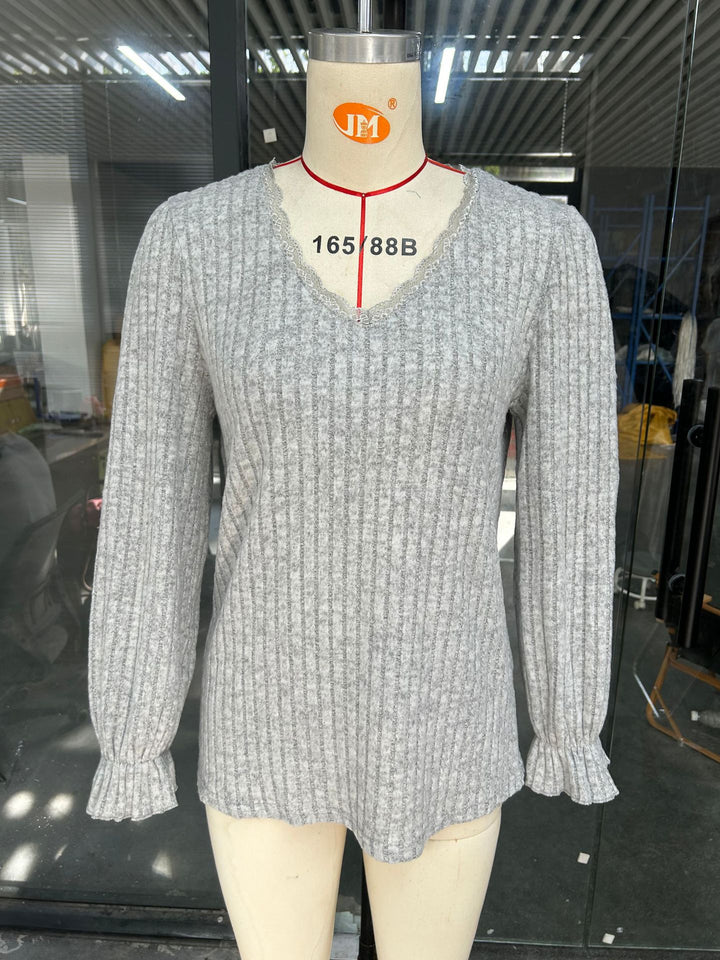 Dame elegant V-hals bluse med fin ribstruktur Stilla
