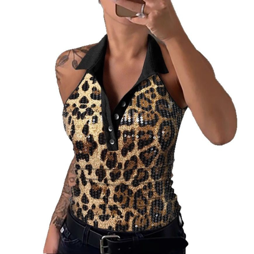 Dame poloshirt med glitrende leopardmønster og klassisk krave Stilla