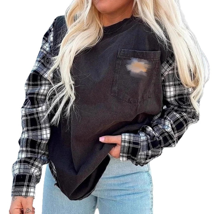 Dame nan oversize sweatshirt i materialemix med ternede ærmer og påsyet brystlomme Skovae