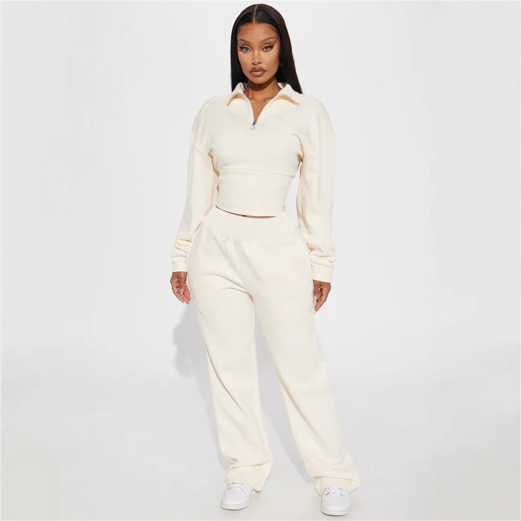 Dame Premium Sweat-Set med kort lynlås og brede bukser Stilla