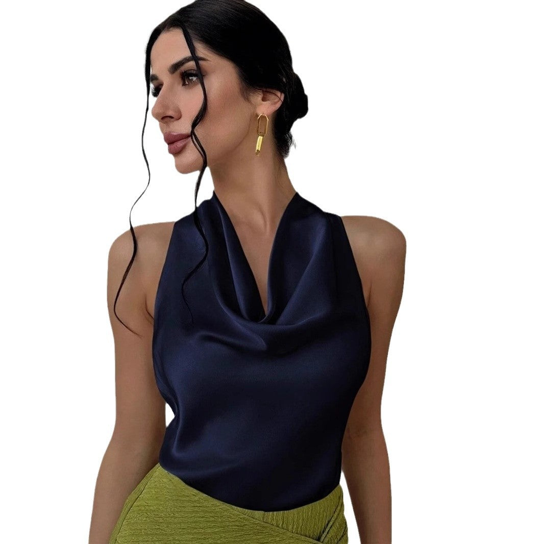 Dame Elegant satin top med smart vandfald udskæring Skovae