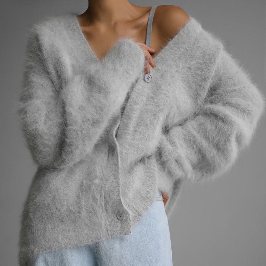 Damer hyggelig strikjakke med blød mohair-blanding og elegant knapliste Stilla