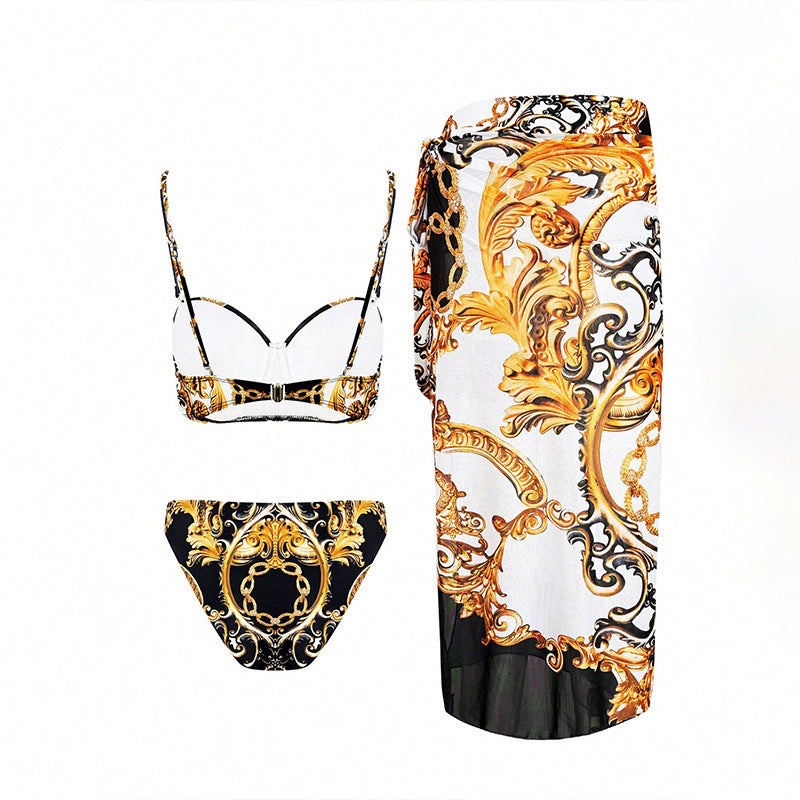 Dame Elegant Tryk-Bikini- og Sarong-Sæt Stilla
