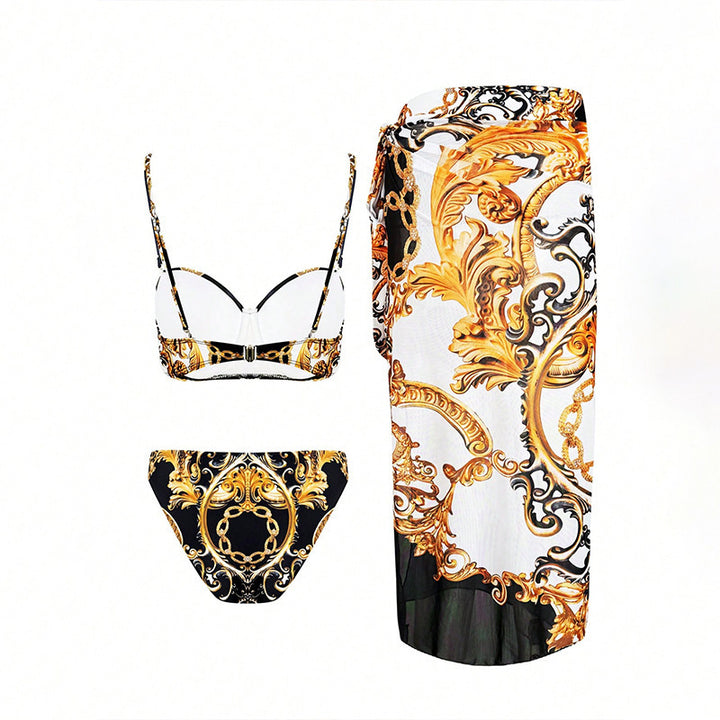 Dame Elegant Tryk-Bikini- og Sarong-Sæt Stilla