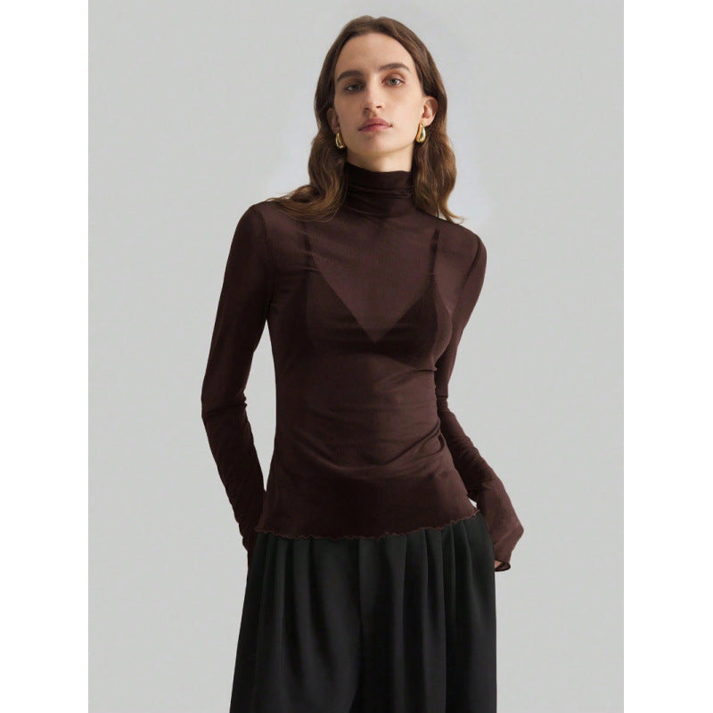 Dame Elegant langærmet transparent top med høj krave Skovae