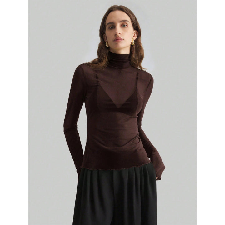 Dame Elegant langærmet transparent top med høj krave Skovae