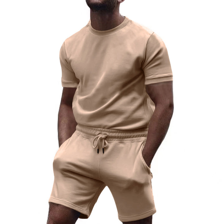 Herren nan minimalistisk jersey-sæt med komfortabel rundhalset skjorte og elastisk tunneltræk-kortbuks Skovae