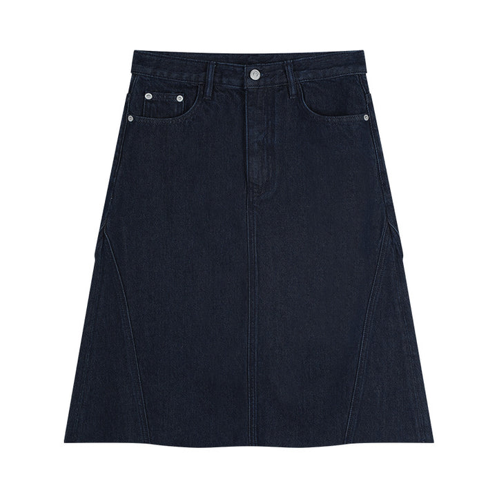 Dame Midiskørt i høj kvalitet denim med asymmetrisk snit og påsyede lommer Stilla