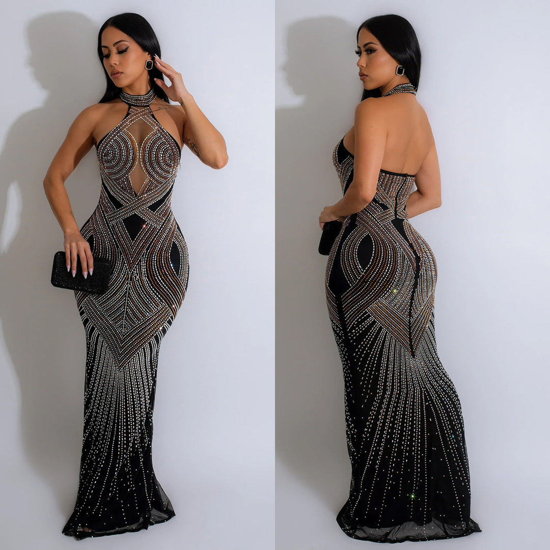 Dame Elegant Maxikjole med glitrende strass-applikationer og raffineret snit Stilla