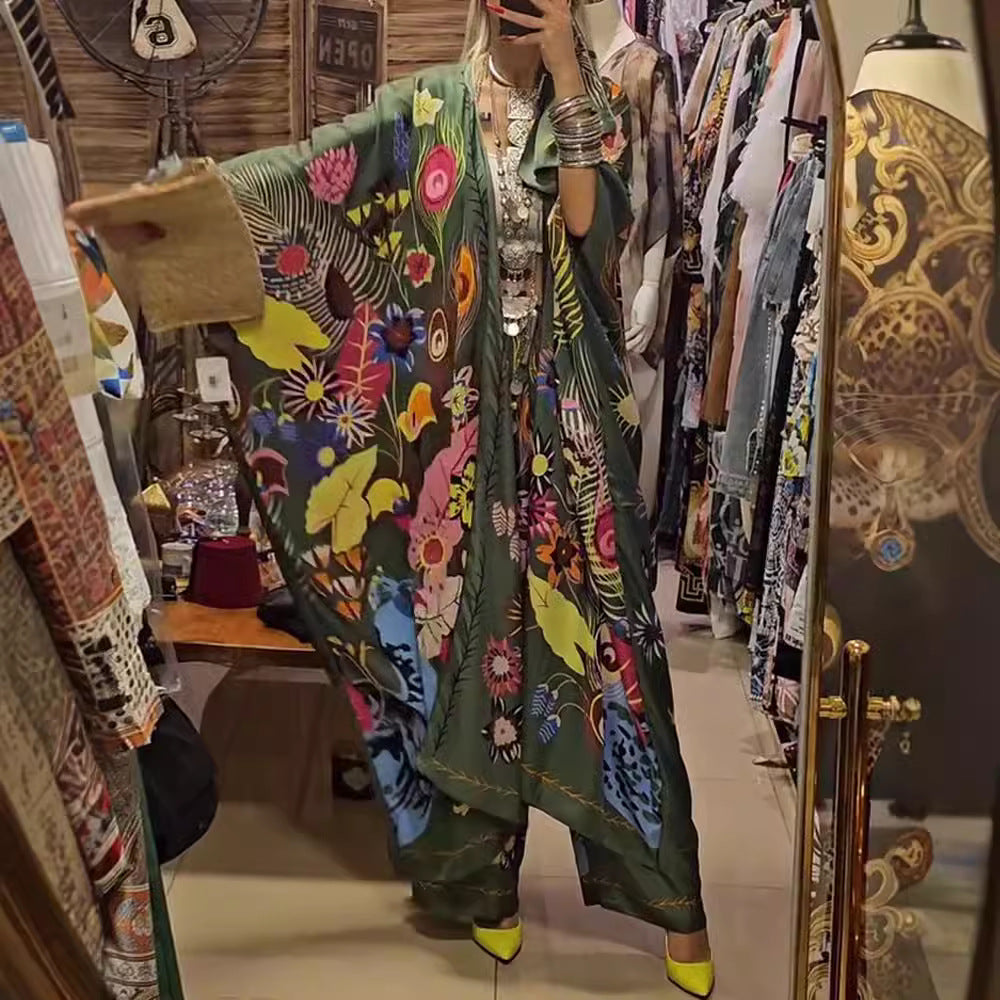 Dame nan ekstravagante Maxi-Kaftan-sæt med brede kimonoærmer, udvidede palazzo-bukser og udtryksfuld blomsterprint Skovae