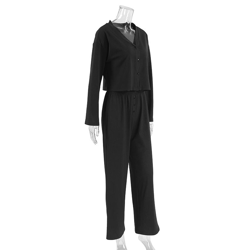 Dame afslappet Lounge-sæt med cropped bluse og bredt skårne bukser Stilla