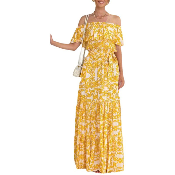 Dame Off-Shoulder Maxikjole med blomstertryk og elastisk taljebælte Stilla