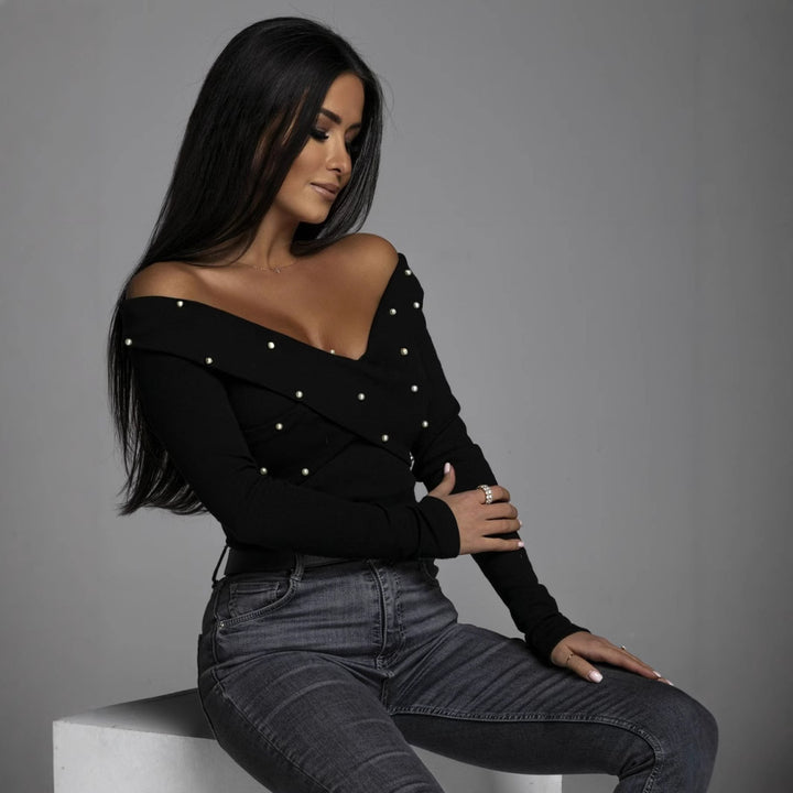 Dame Off-Shoulder Top med Perlepynt Stilla