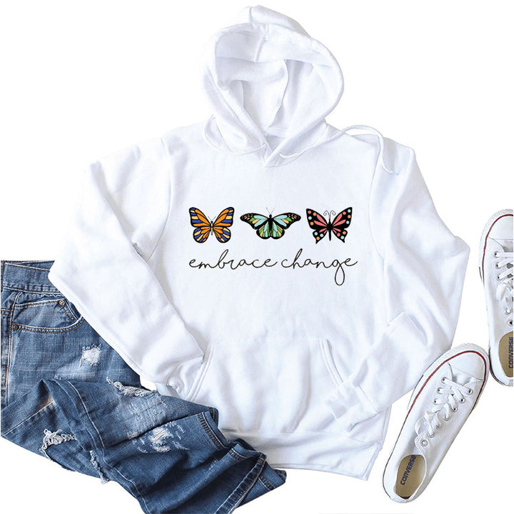 Dame hoodie med inspirerende sommerfuglemotiv og motiverende budskab Stilla