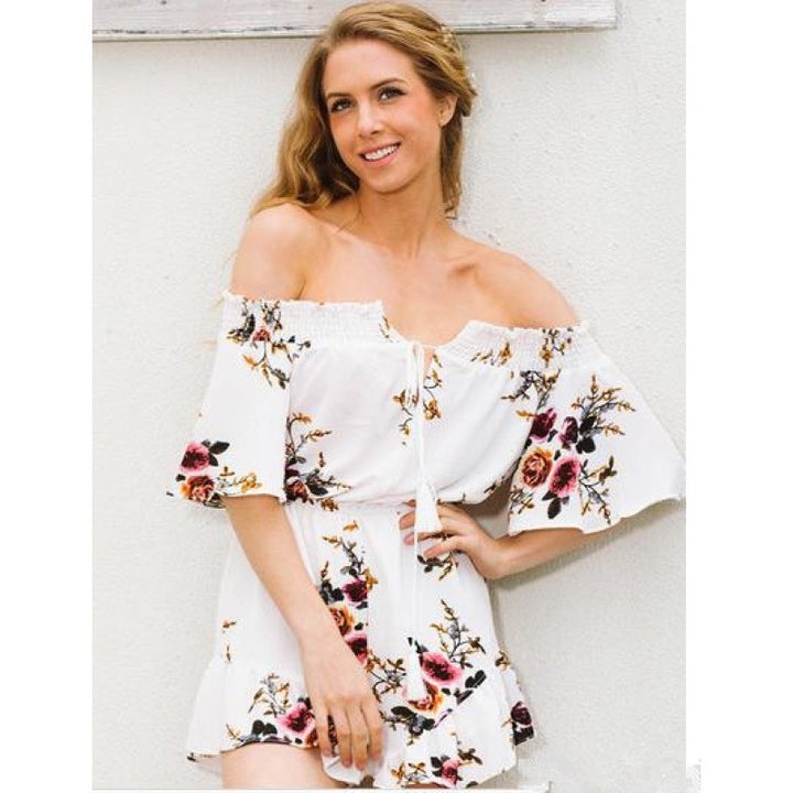 Kvinders Off-Shoulder Playsuit med Blomsterdesign og Rynke Detaljer Stilla