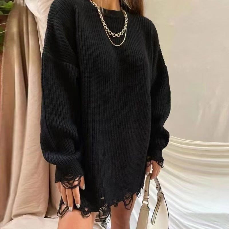 Dame Oversized Strik kjole med afslappet, frynset kant og moderne ribmønster Stilla
