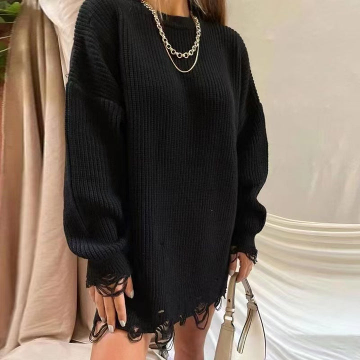 Dame Oversized Strik kjole med afslappet, frynset kant og moderne ribmønster Stilla