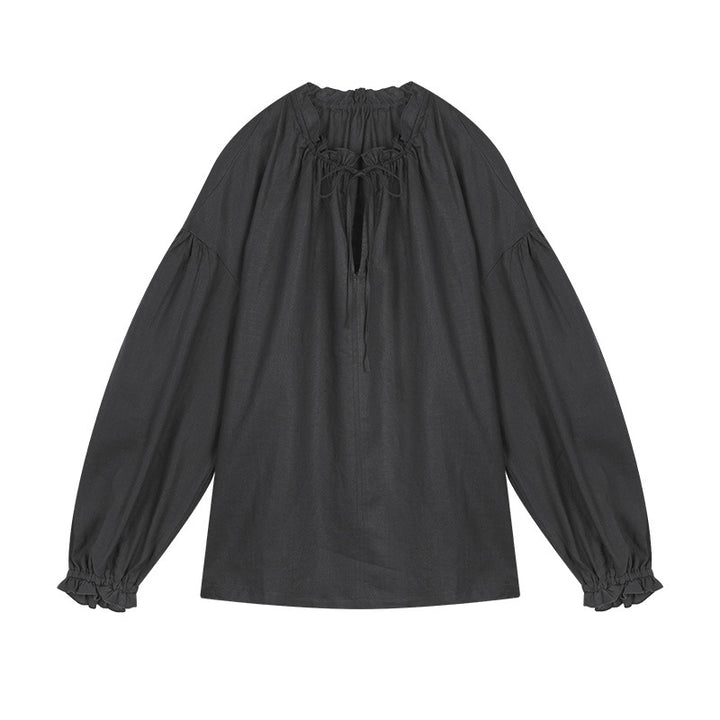 Dame afslappet bluse shirt med detaljeret snøre og puffærmer Stilla