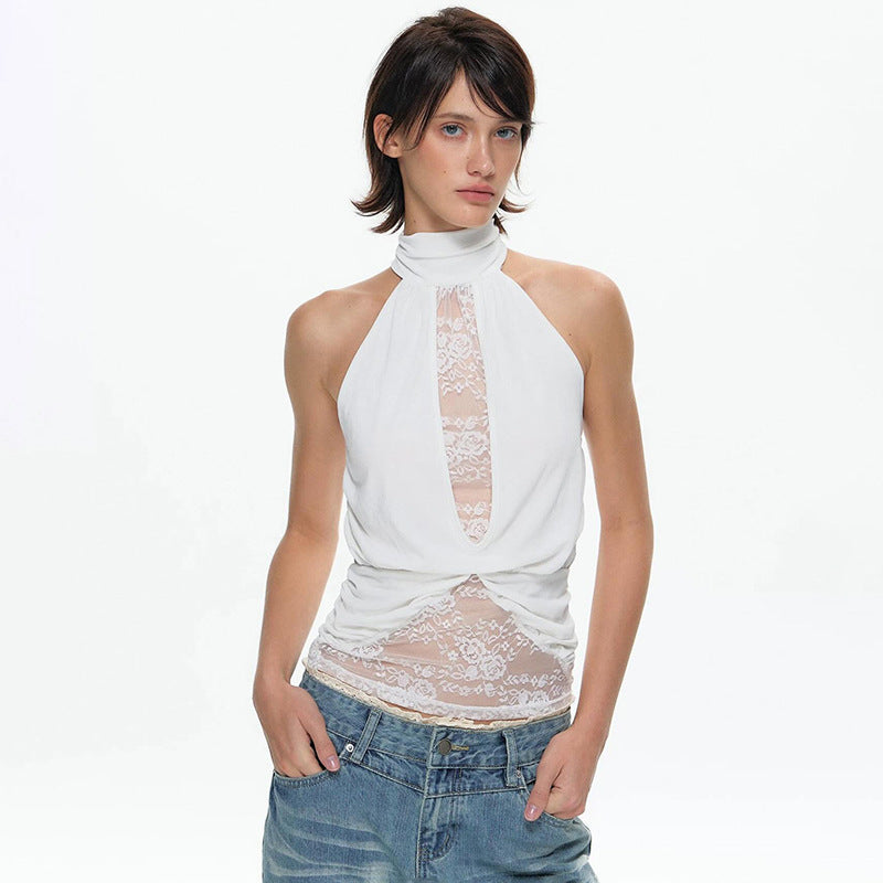 Dame elegant strappy top med gennemsigtige indsatser og rynkning Skovae