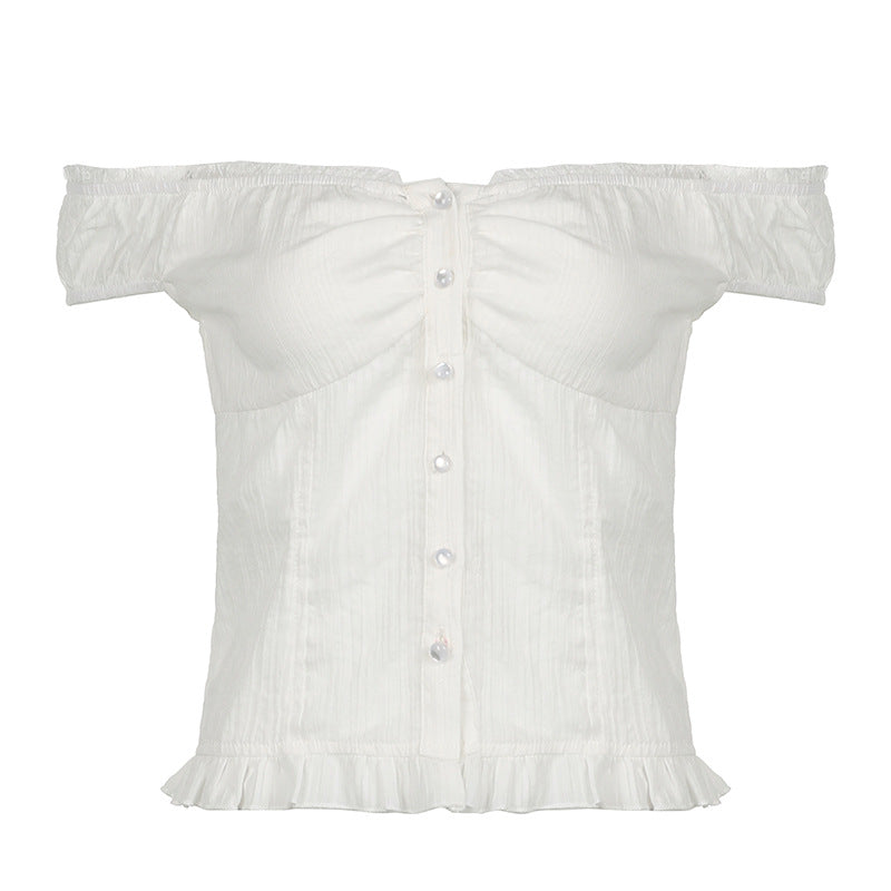 Dame Off-Shoulder Bluse med flæsekanter og knapdetaljer Skovae