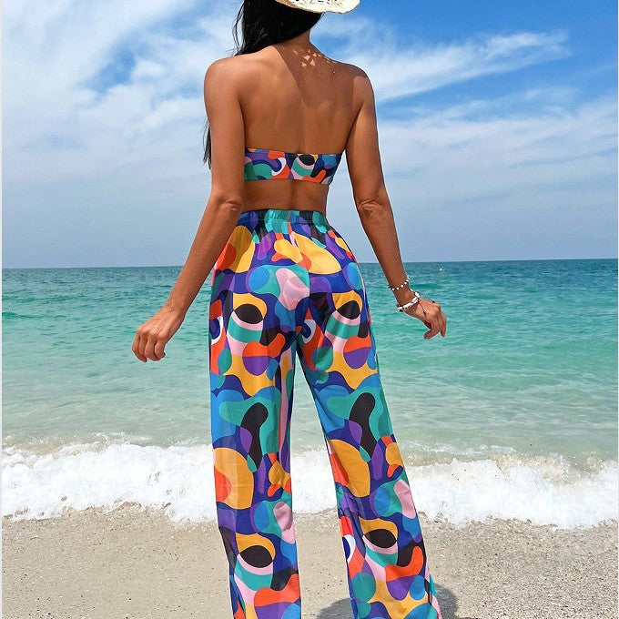 Dame Bohemian Print Bikini med flydende Cover-Up Bukser Stilla
