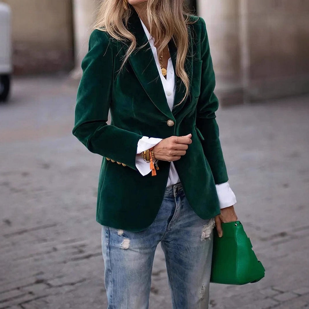 Damer Elegant Fløjl Blazer med Skræddersyet Pasform og Guld Knapper Stilla