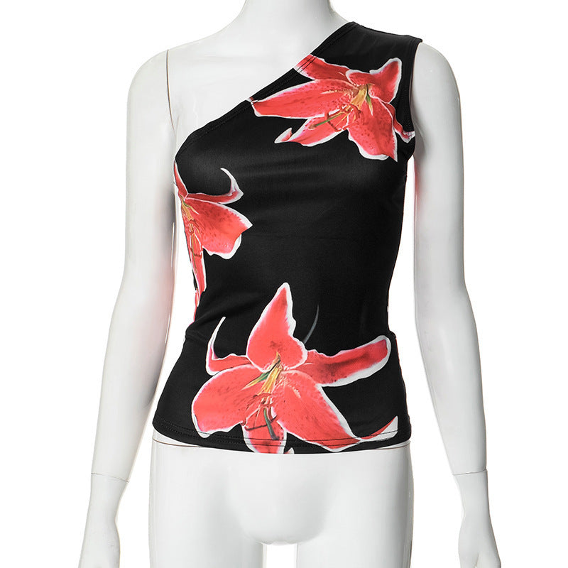Dame asymmetrisk top med blomstertryk Skovae