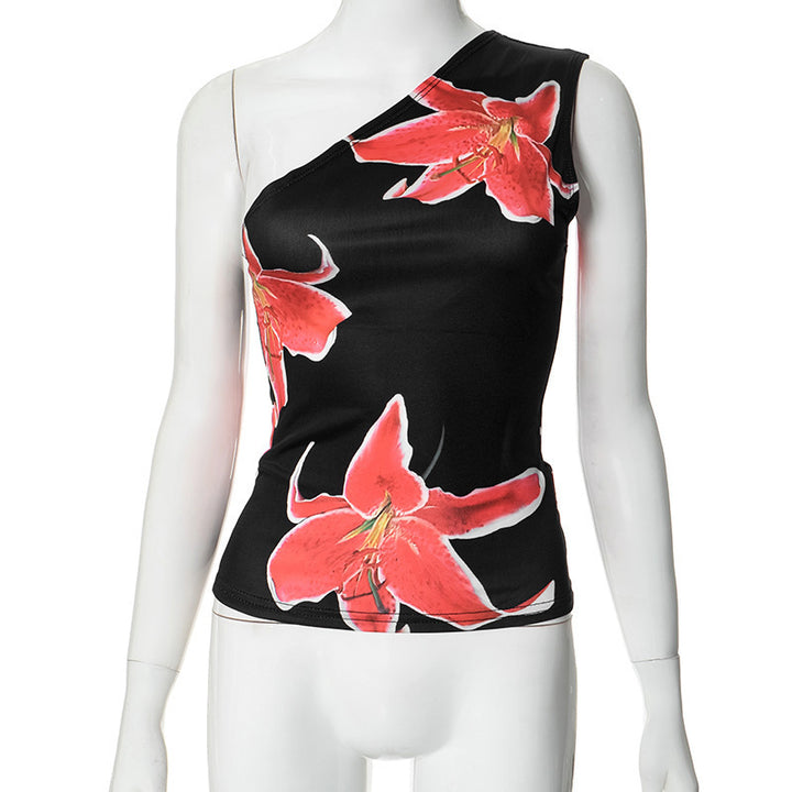Dame asymmetrisk top med blomstertryk Skovae