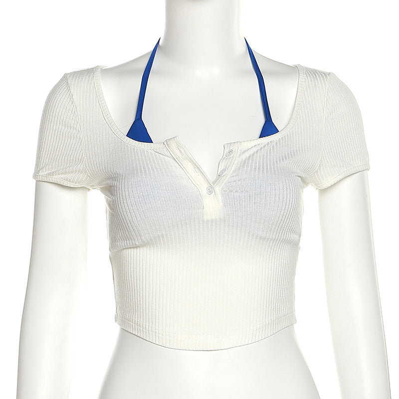 Dame Crop-Top med legende rygsnøredesign og moderne stribestrik Stilla