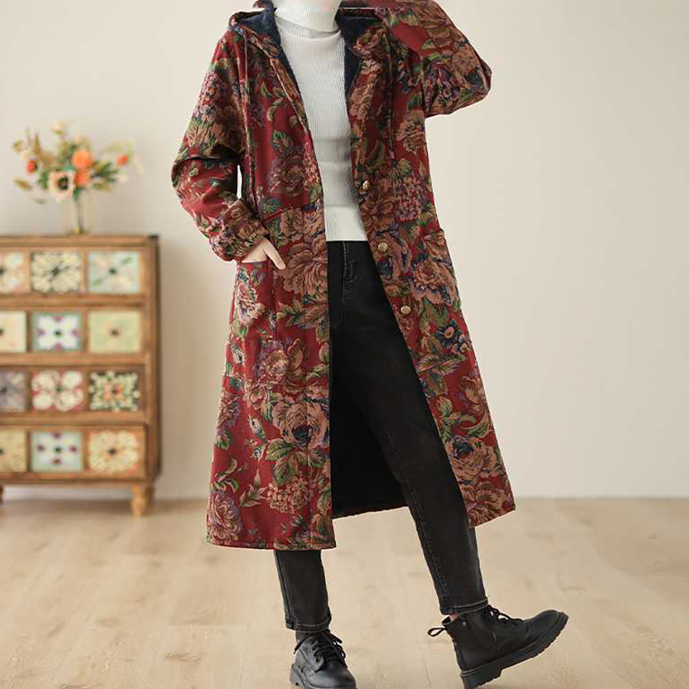 Stilla | Lang Vintage Frakke Med Blomsterprint