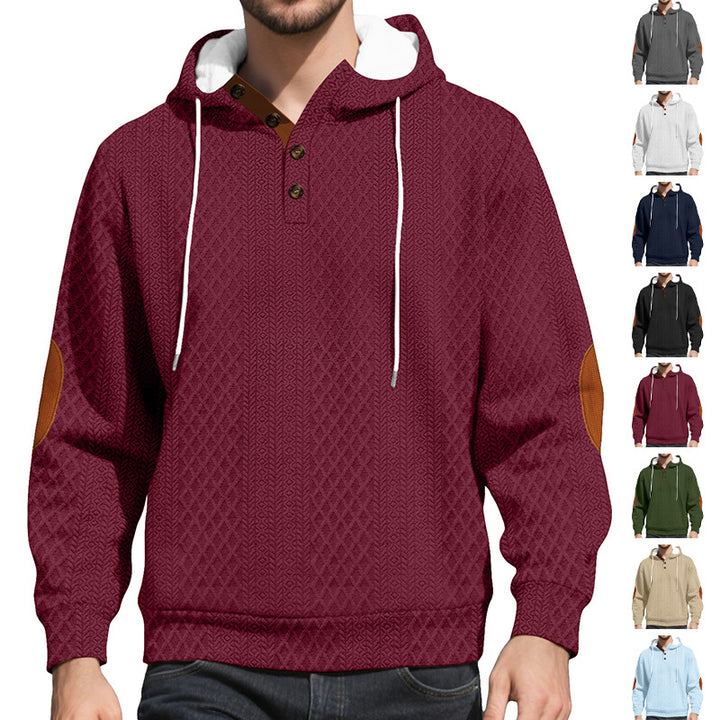 Herren nan Diamond-struktur hættepullover med kort knapliste, quiltet hætte inderside og ruskinds albuepatch Skovae