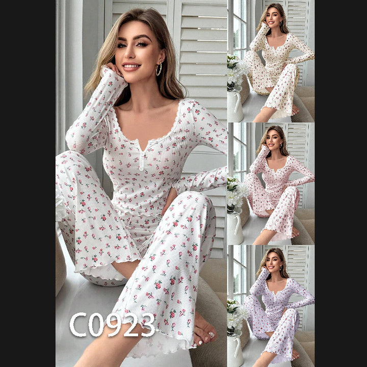 Dame pyjamasæt med blomstermotiv og elegante spidsdetaljer Stilla