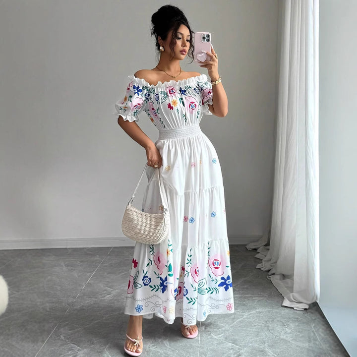 Dame Sommer Maxi-Kjole med romantiske blomsterbroderier og elastisk talje Stilla