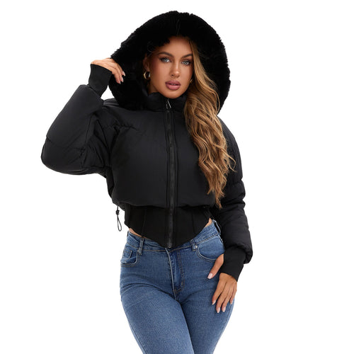 Dame cropped dunjakke med aftagelig hætte og faux fur kant Stilla