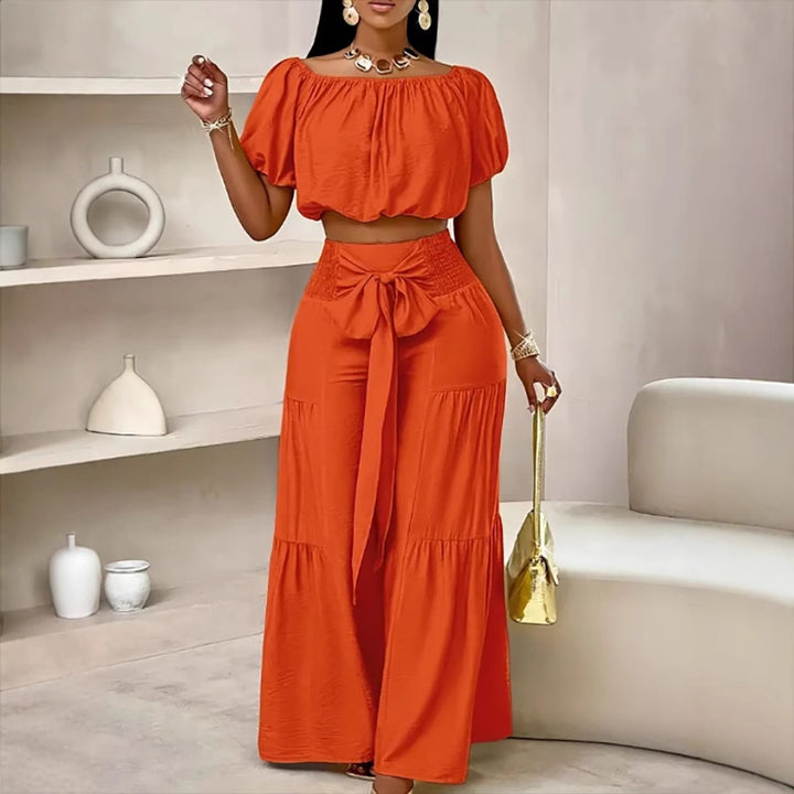 Damer Off-Shoulder Crop Top og Højtaljede Palazzo Bukser Sæt Stilla