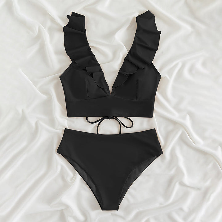Dame top med flæser og høje bikiniunderdele Skovae