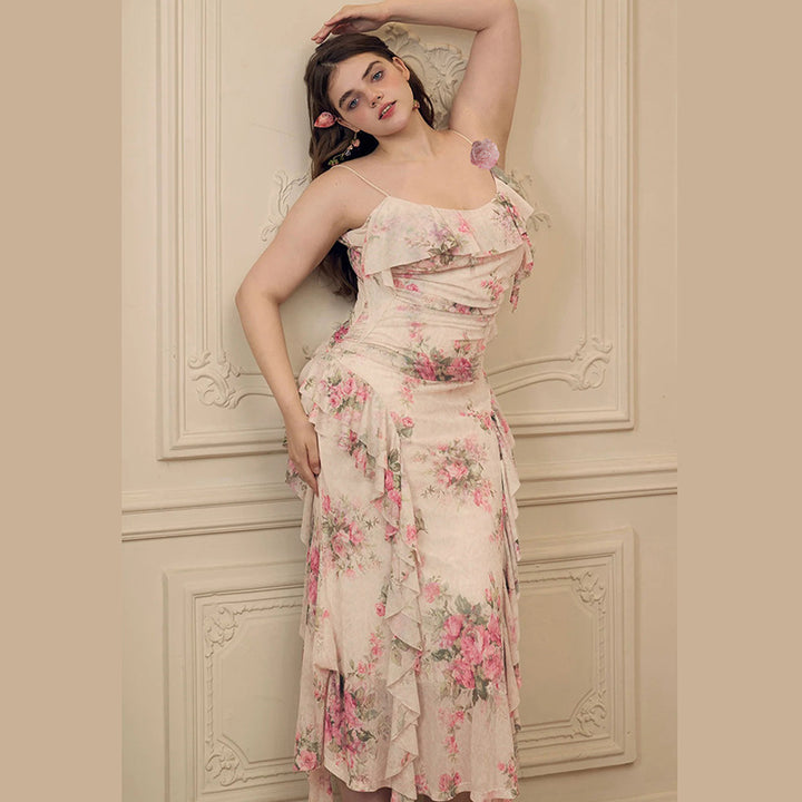Dame Maxikjole med asymmetrisk ruffle-design og blomster mønster Stilla