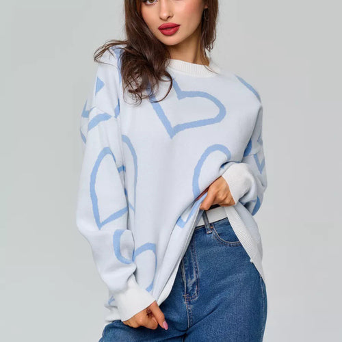 Dame Oversized Hjerte mønster Strikpullover Stilla