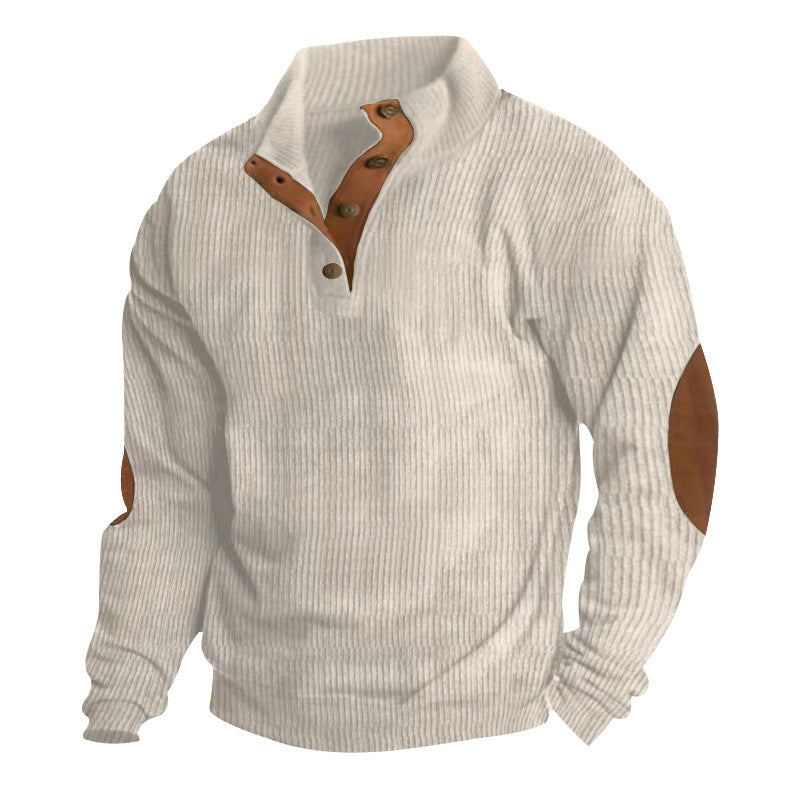 Herre nan grovstrikket sweater med ståkrave, knapliste og kunstlæderalbuepatches Skovae