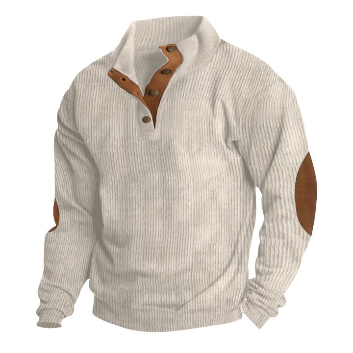 Herre nan grovstrikket sweater med ståkrave, knapliste og kunstlæderalbuepatches Skovae