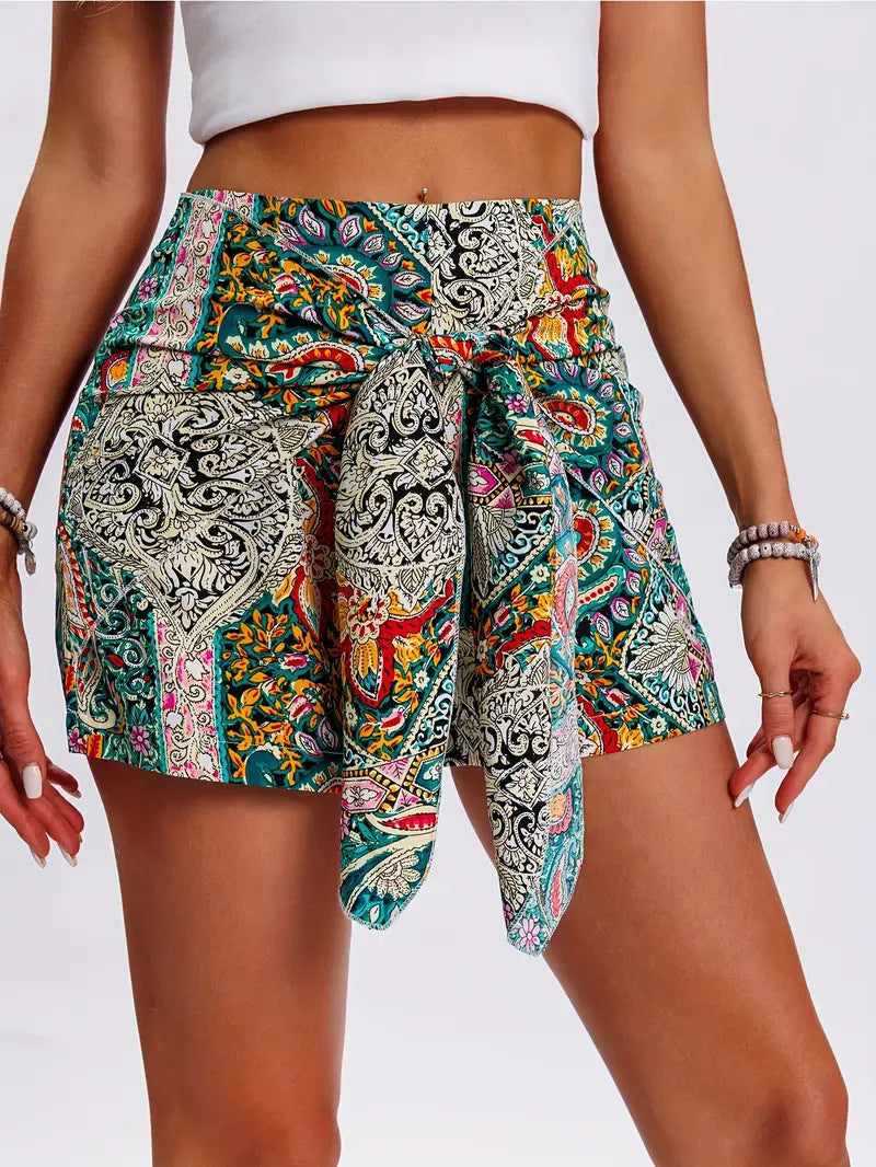 Dame Mode Shorts med farverigt mønster og elegant båndbinding Stilla