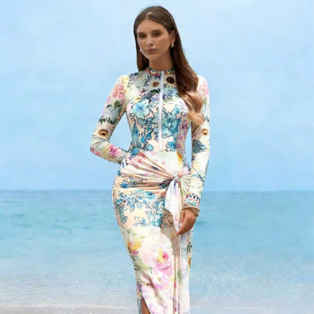 Dame Elegant Langærmet Strandkjole med blomsterdesign Skovae